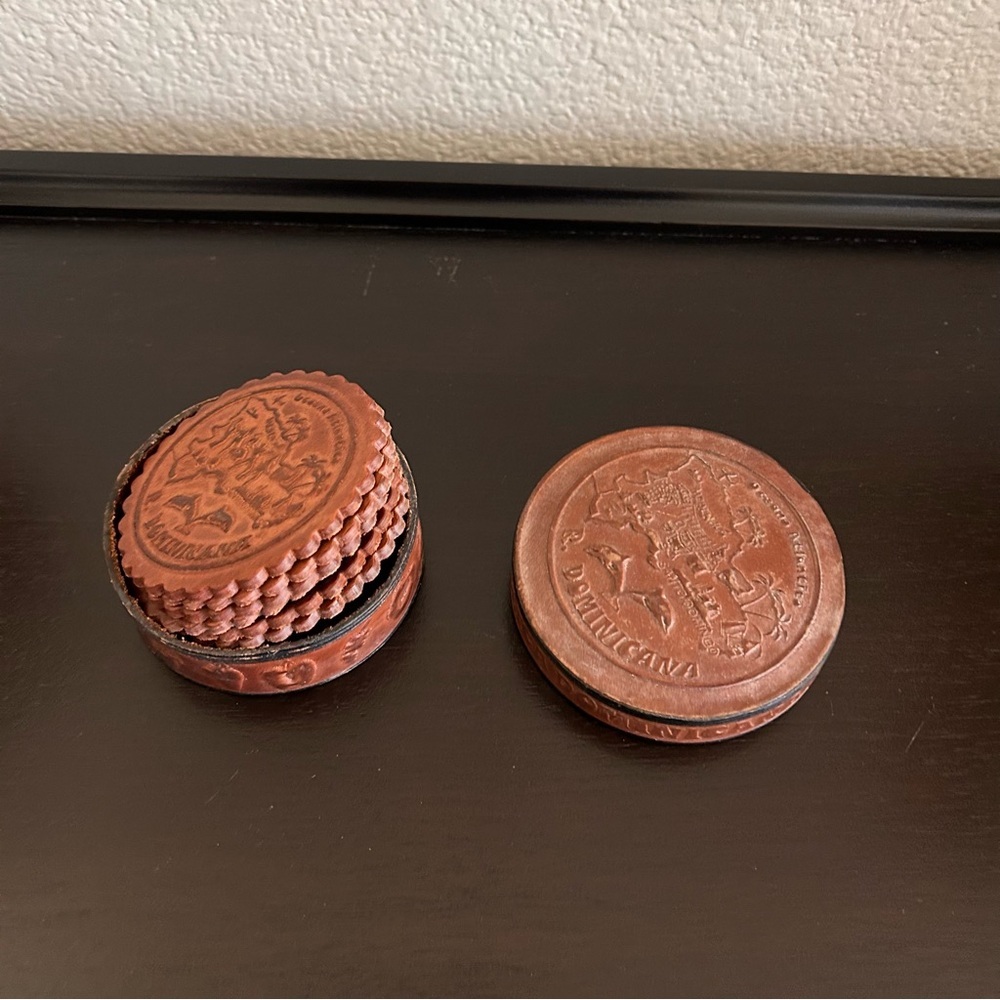 6 vintage Dominicana Coasters Leather Dominican Rep Santo Domingo Bar Parrot